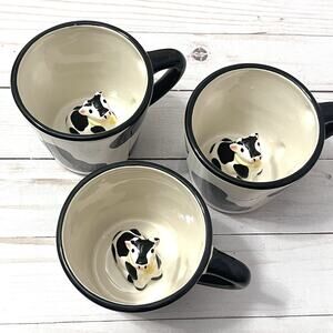 Lot of 3 Cow Print Mugs with Cow Figure Inside Farmhouse Kitchen